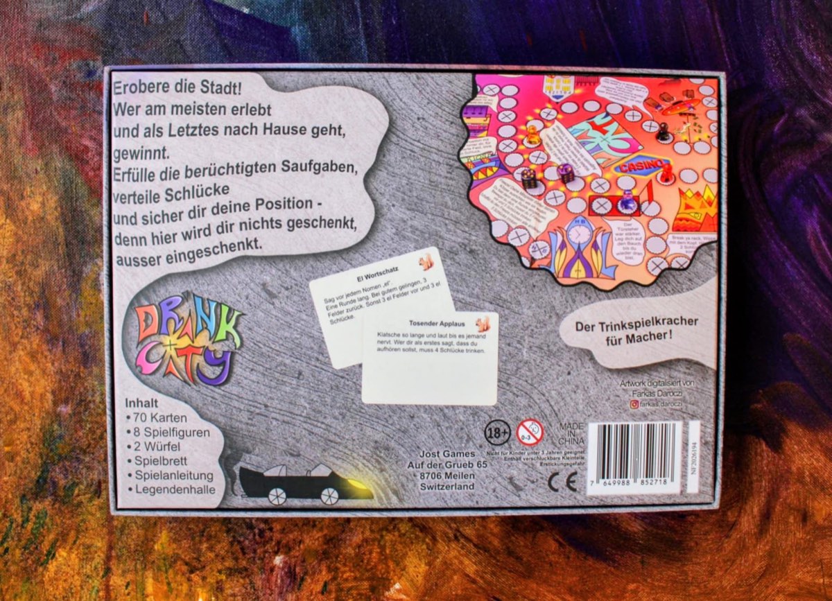 Rückseite der Drink-City-Verpackung mit Spielziel, Kurzregeln, Beispielkarten und Inhaltsangabe
