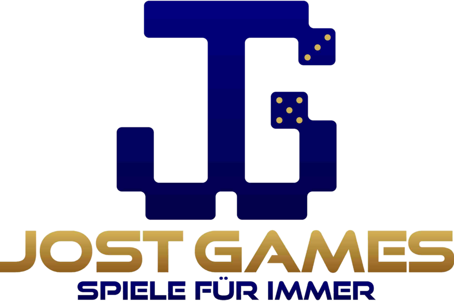 Jost Games Logo – blaues Pixel-JG-Monogramm mit Würfelaugen, darunter der goldene Schriftzug „Jost Games – Spiele für immer“