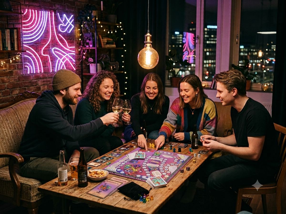 Freundesgruppe spielt Drink City am Tisch